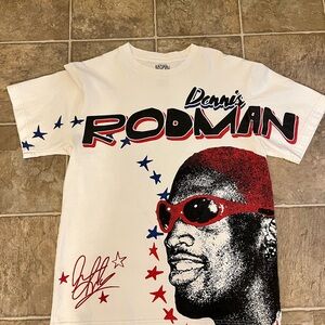 PacSun White Dennis Rodman Graphic Tee with Red & Navy Accents